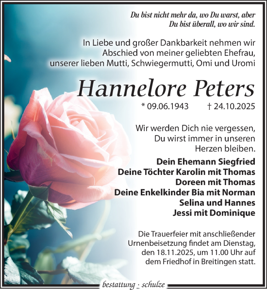 Traueranzeige von Hannelore Peters von Leipziger Volkszeitung