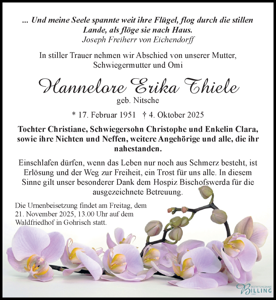  Traueranzeige für Hannelore Erika Thiele vom 08.11.2025 aus Sächsische Zeitung