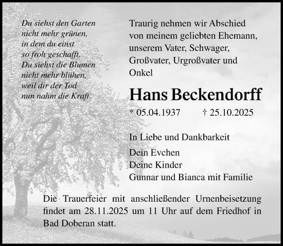 Traueranzeige von Hans Beckendorff von Ostsee-Zeitung GmbH