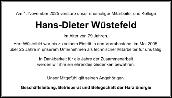 Traueranzeige von Hans-Dieter Wüstefeld von Eichsfelder Tageblatt