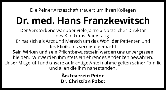 Traueranzeige von Hans Franzkewitsch von Peiner Allgemeine Zeitung
