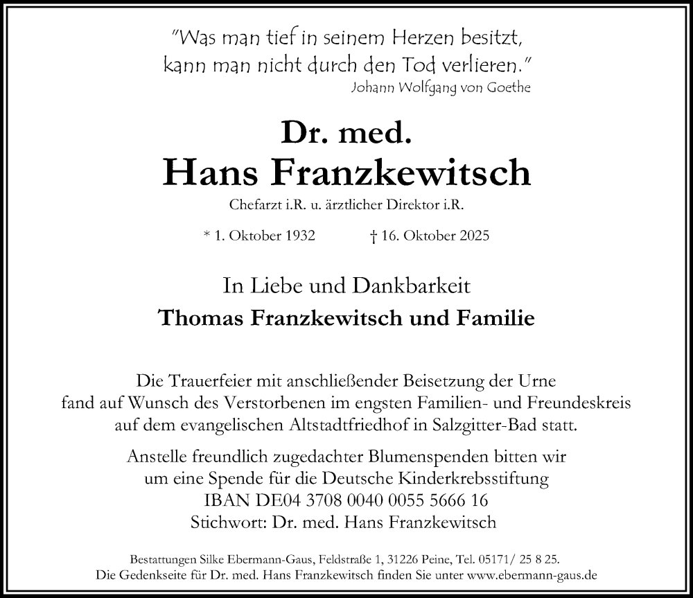  Traueranzeige für Hans Franzkewitsch vom 22.11.2025 aus Peiner Allgemeine Zeitung