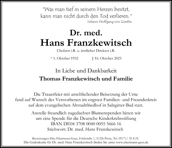 Traueranzeige von Hans Franzkewitsch von Peiner Allgemeine Zeitung