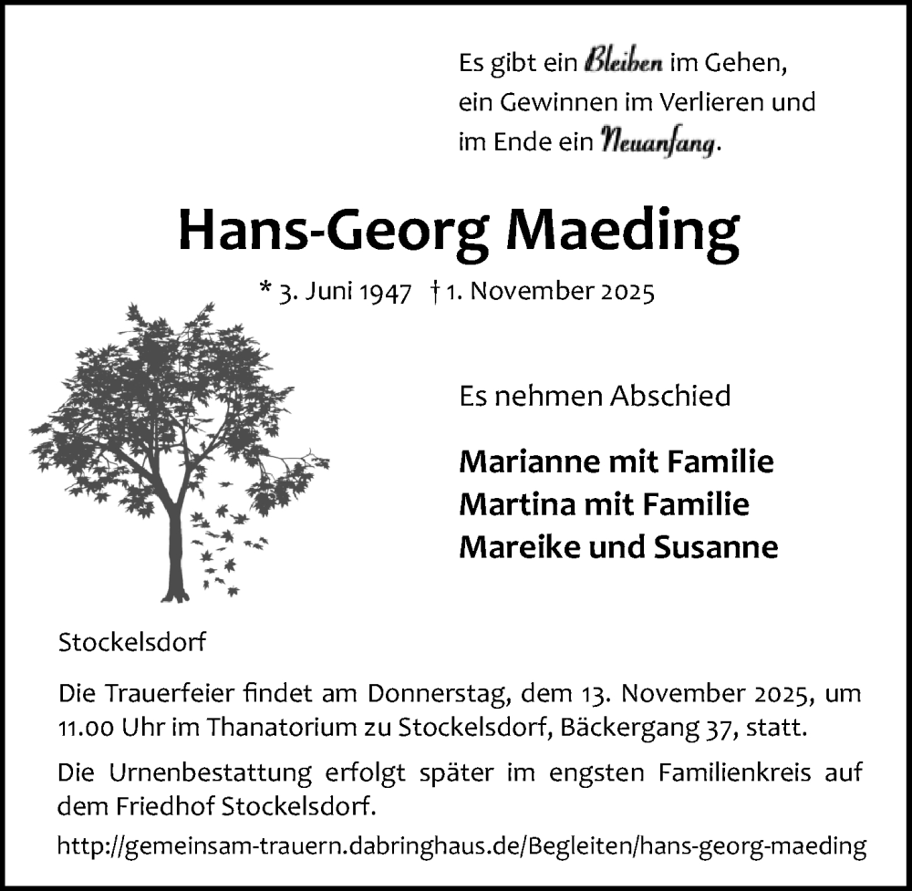  Traueranzeige für Hans-Georg Maeding vom 09.11.2025 aus Lübecker Nachrichten