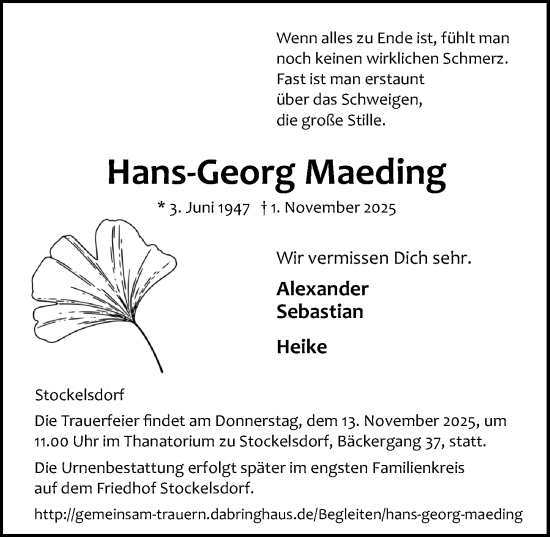 Traueranzeige von Hans-Georg Maeding von Lübecker Nachrichten