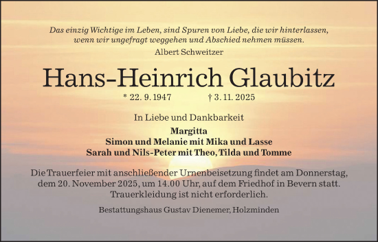 Traueranzeige von Hans-Heinrich Glaubitz von Täglicher Anzeiger Holzminden