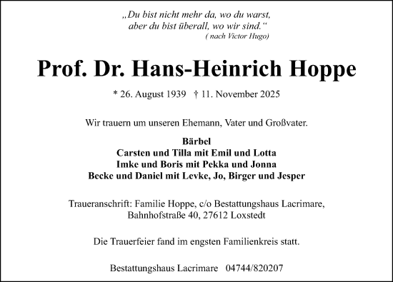 Traueranzeige von Hans-Heinrich Hoppe von Göttinger Tageblatt