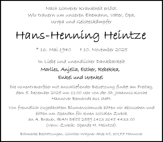 Traueranzeige von Hans-Henning Heintze von Hannoversche Allgemeine Zeitung/Neue Presse