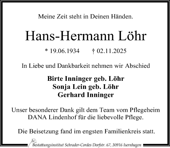 Traueranzeige von Hans-Hermann Löhr von Hannoversche Allgemeine Zeitung/Neue Presse