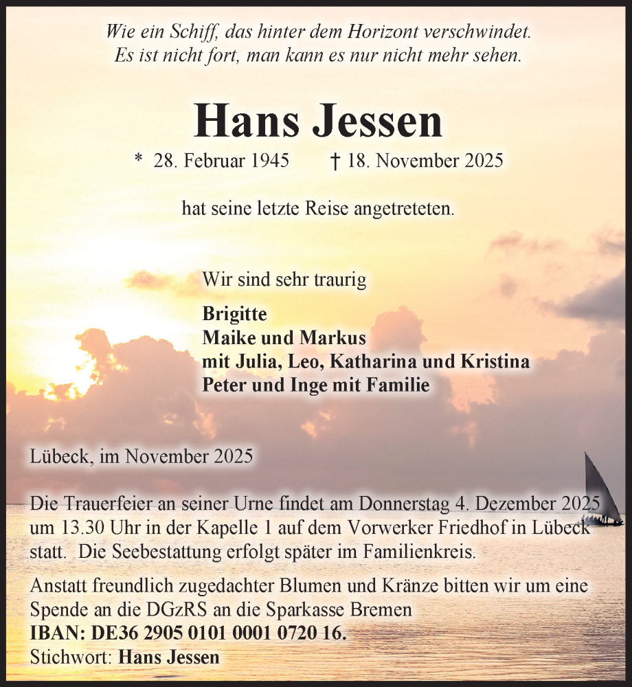  Traueranzeige für Hans Jessen vom 30.11.2025 aus Lübecker Nachrichten
