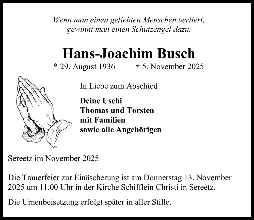  Traueranzeige für Hans-Joachim Busch vom 09.11.2025 aus Lübecker Nachrichten