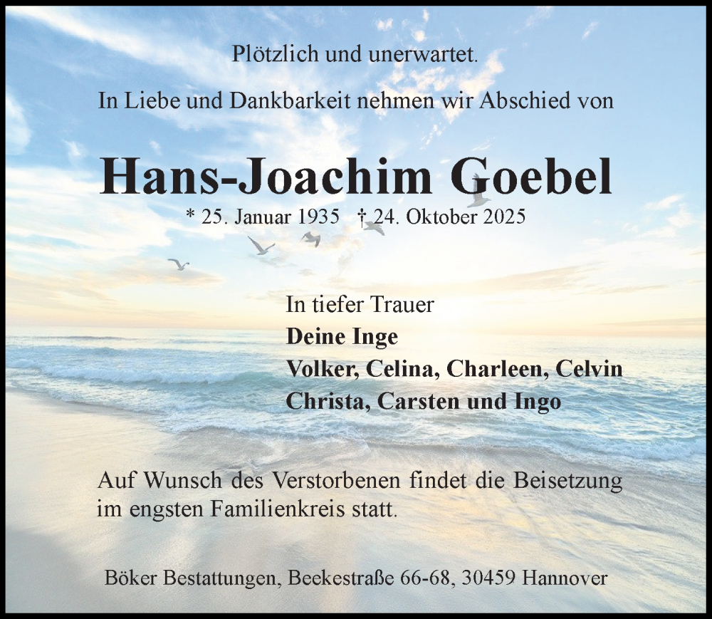  Traueranzeige für Hans-Joachim Goebel vom 29.11.2025 aus Hannoversche Allgemeine Zeitung/Neue Presse