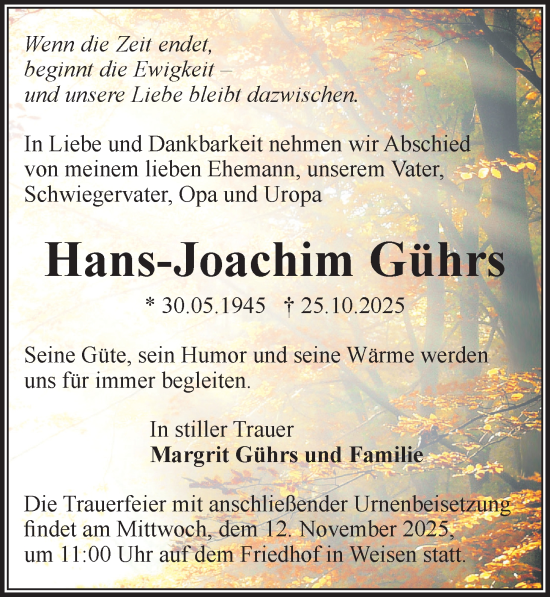 Traueranzeige von Hans-Joachim Gührs von Wochenspiegel
