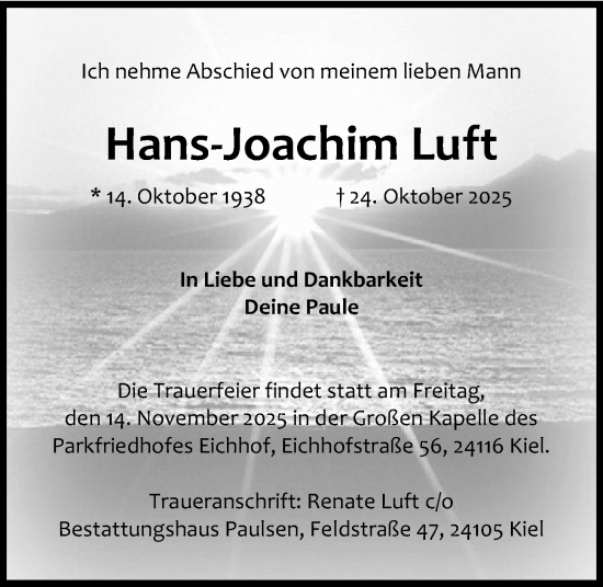 Traueranzeige von Hans-Joachim Luft von Kieler Nachrichten