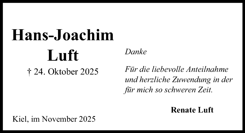  Traueranzeige für Hans-Joachim Luft vom 22.11.2025 aus Kieler Nachrichten