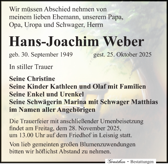 Traueranzeige von Hans-Joachim Weber von Sächsische Zeitung