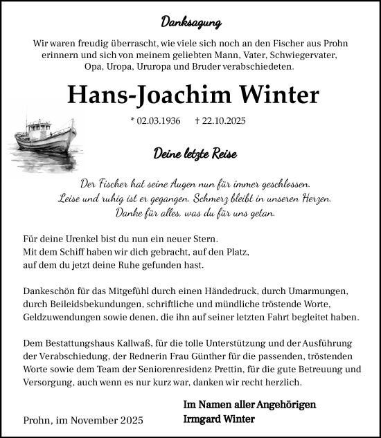 Traueranzeige von Hans-Joachim Winter von Ostsee-Zeitung GmbH