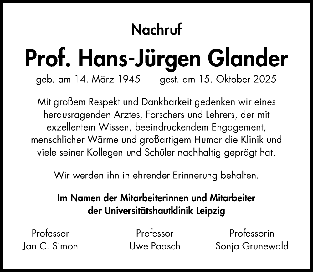 Traueranzeige für Hans-Jürgen Glander vom 15.11.2025 aus Leipziger Volkszeitung