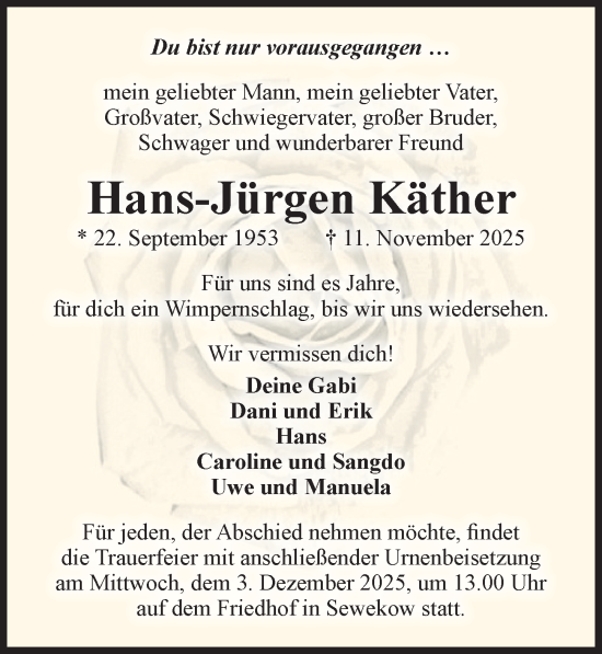 Traueranzeige von Hans-Jürgen Käther von Wochenspiegel