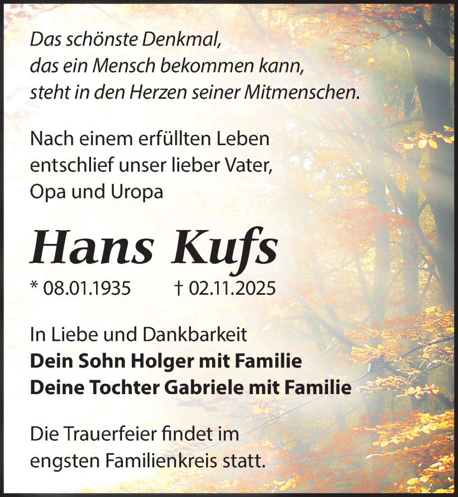  Traueranzeige für Hans Kufs vom 15.11.2025 aus Leipziger Volkszeitung
