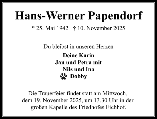 Traueranzeige von Hans-Werner Papendorf von Kieler Nachrichten