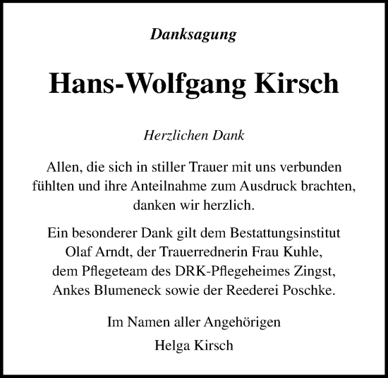 Traueranzeige von Hans-Wolfgang Kirsch von Ostsee-Zeitung GmbH
