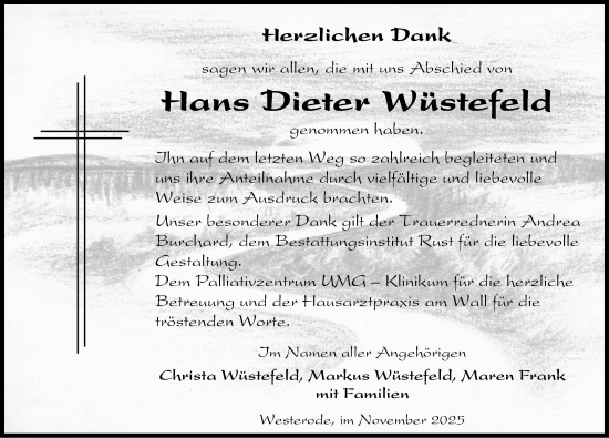 Traueranzeige von Hans Dieter Wüstefeld von Eichsfelder Tageblatt