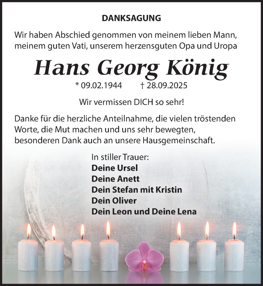 Traueranzeige für Hans Georg König vom 16.11.2025 aus Torgauer Zeitung