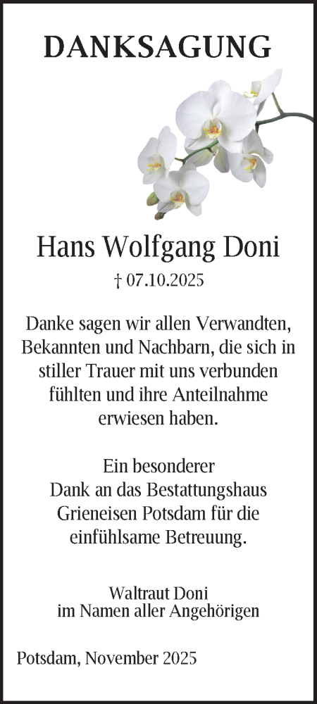 Traueranzeige von Hans Wolfgang Doni von Märkischen Allgemeine Zeitung