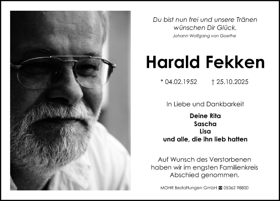 Traueranzeige von Harald Fekken von Aller Zeitung