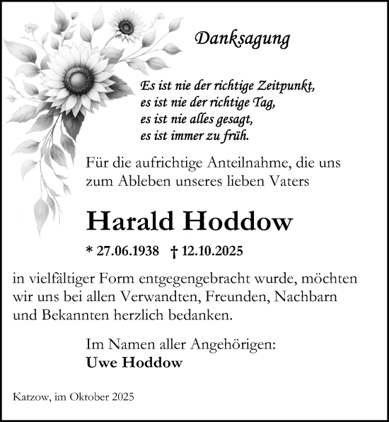 Traueranzeige von Harald Hoddow von Ostsee-Zeitung GmbH