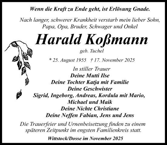 Traueranzeige von Harald Koßmann von Wochenspiegel