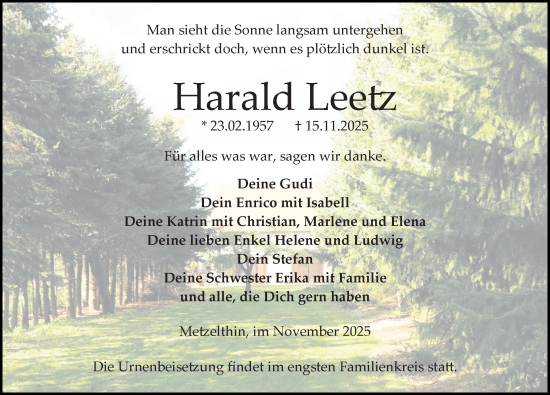 Traueranzeige von Harald Leetz von Wochenspiegel