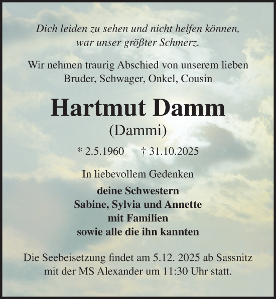 Traueranzeige von Hartmut Damm von Ostsee-Zeitung GmbH