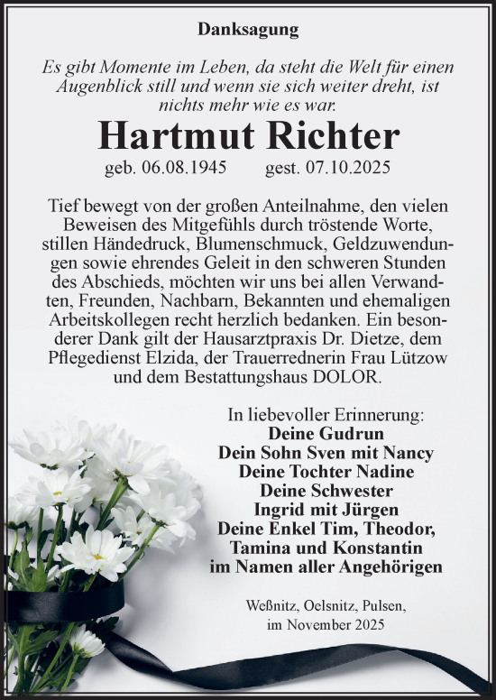 Traueranzeige von Hartmut Richter von Sächsische Zeitung