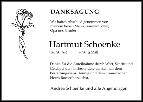 Traueranzeige von Hartmut Schoenke von Ostsee-Zeitung GmbH