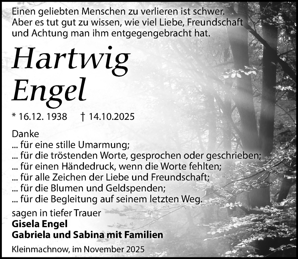  Traueranzeige für Hartwig Engel vom 08.11.2025 aus Märkischen Allgemeine Zeitung