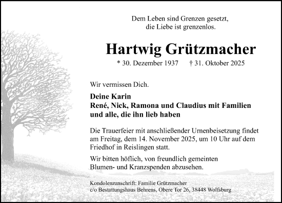 Traueranzeige von Hartwig Grützmacher von Aller Zeitung