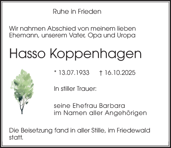 Traueranzeige von Hasso Koppenhagen von Sächsische Zeitung