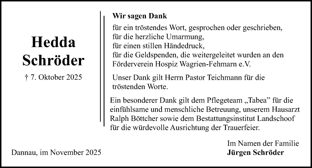 Traueranzeige für Hedda Schröder vom 15.11.2025 aus Lübecker Nachrichten