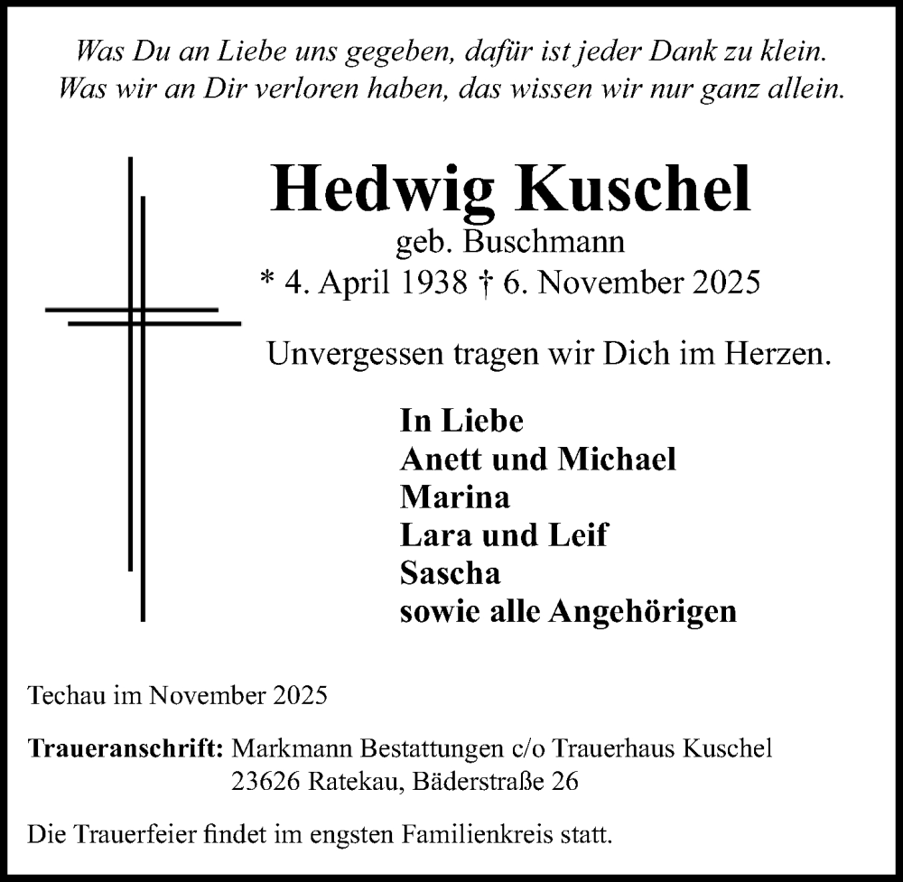  Traueranzeige für Hedwig Kuschel vom 16.11.2025 aus Lübecker Nachrichten