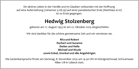 Traueranzeige von Hedwig Stolzenberg von Lübecker Nachrichten