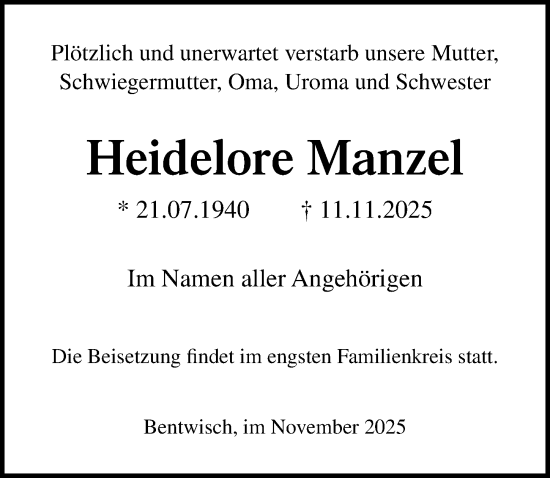 Traueranzeige von Heidelore Manzel von Ostsee-Zeitung GmbH