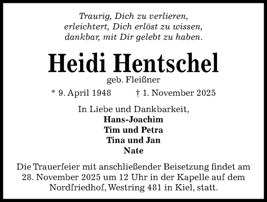 Traueranzeige von Heidi Hentschel von Kieler Nachrichten