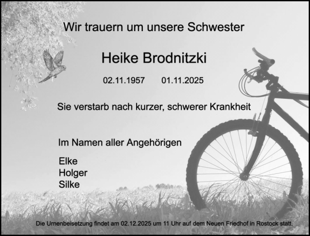  Traueranzeige für Heike Brodnitzki vom 15.11.2025 aus Ostsee-Zeitung GmbH