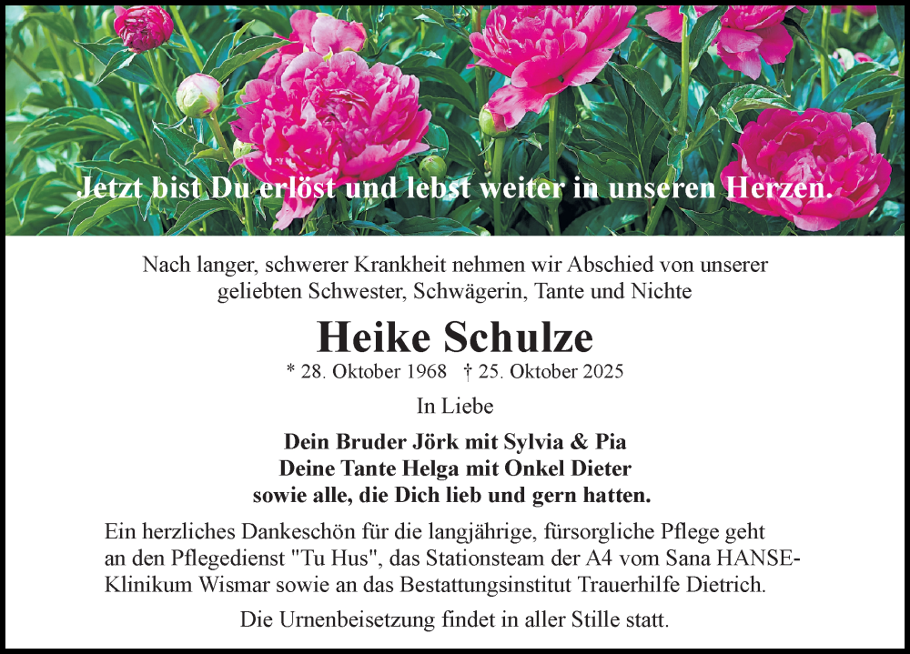  Traueranzeige für Heike Schulze vom 08.11.2025 aus Ostsee-Zeitung GmbH