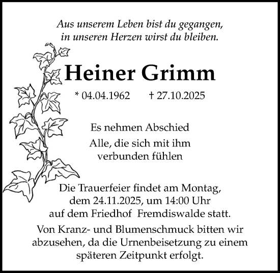 Traueranzeige von Heiner Grimm von Leipziger Volkszeitung