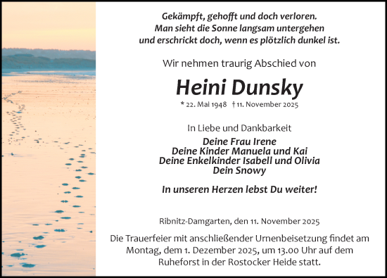 Traueranzeige von Heini Dunsky von Ostsee-Zeitung GmbH
