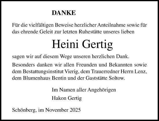 Traueranzeige von Heini Gertig von Ostsee-Zeitung GmbH