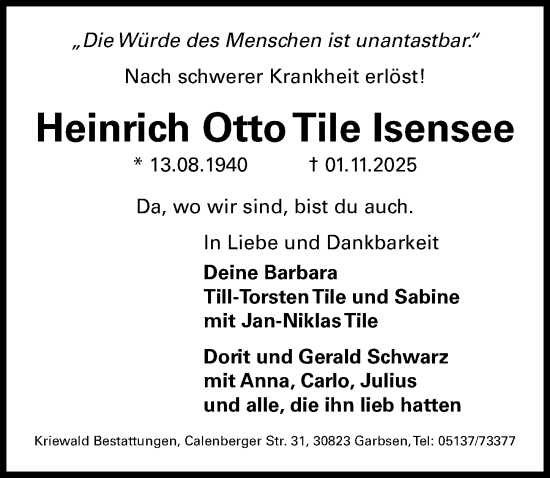 Traueranzeige von Heinrich Otto Tile Isensee von Hannoversche Allgemeine Zeitung/Neue Presse